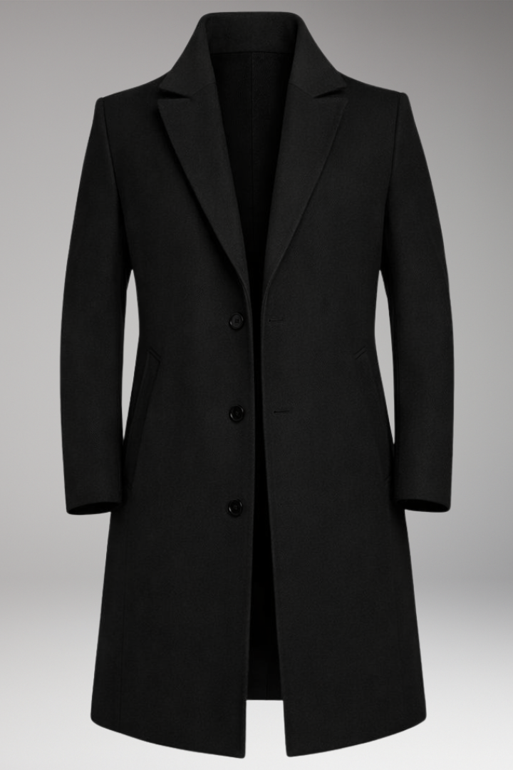 Men's Long Coat with Notched Lapel and Seam Pockets