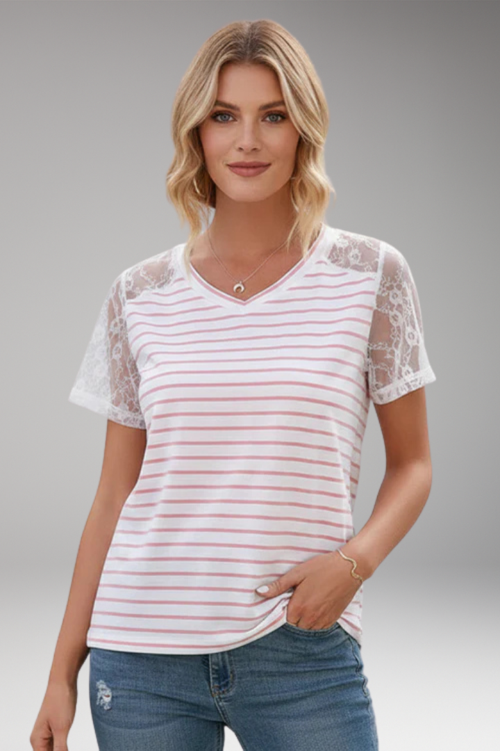 Women's T'Shirt with Lace Sleeves and Stripes