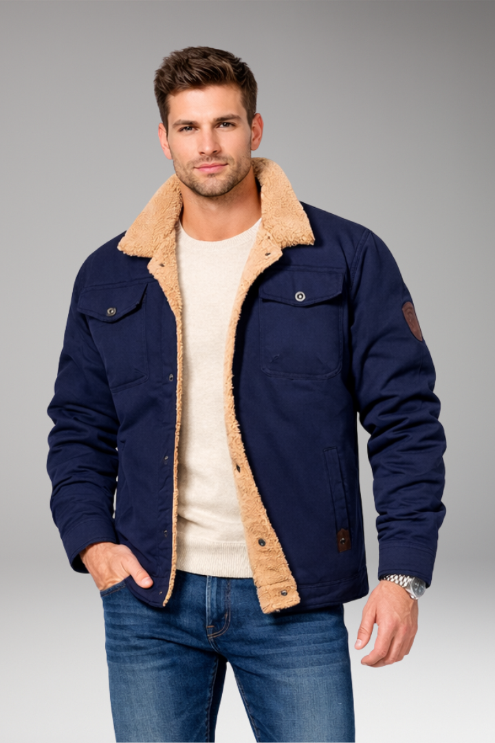 Men's Jacket with Button Closure and Sherpa Lining
