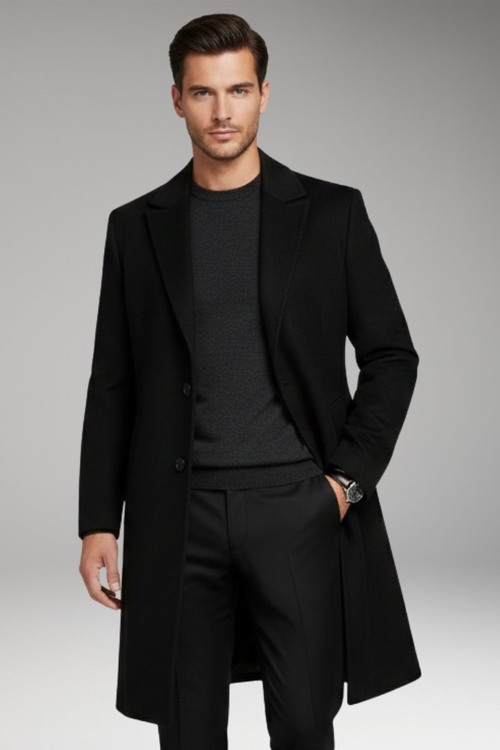 Men's Long Coat with Notched Lapel and Seam Pockets