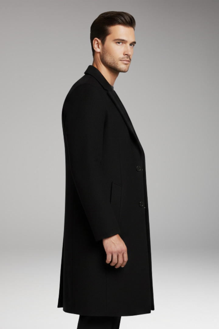 Men's Long Coat with Notched Lapel and Seam Pockets