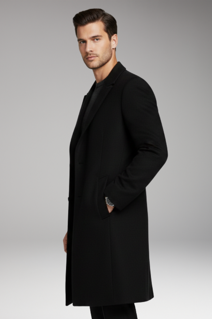 Men's Long Coat with Notched Lapel and Seam Pockets