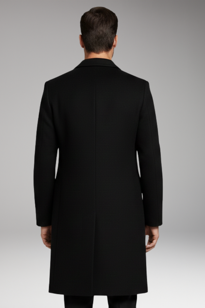Men's Long Coat with Notched Lapel and Seam Pockets