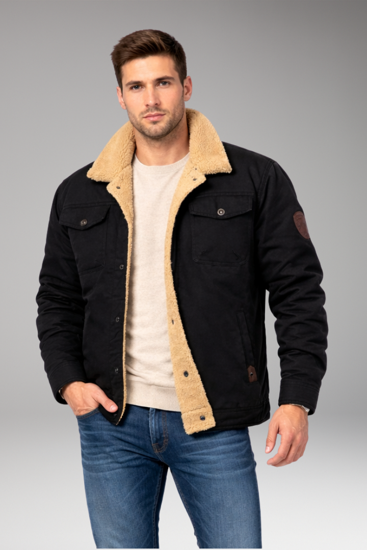 Men's Jacket with Button Closure and Sherpa Lining