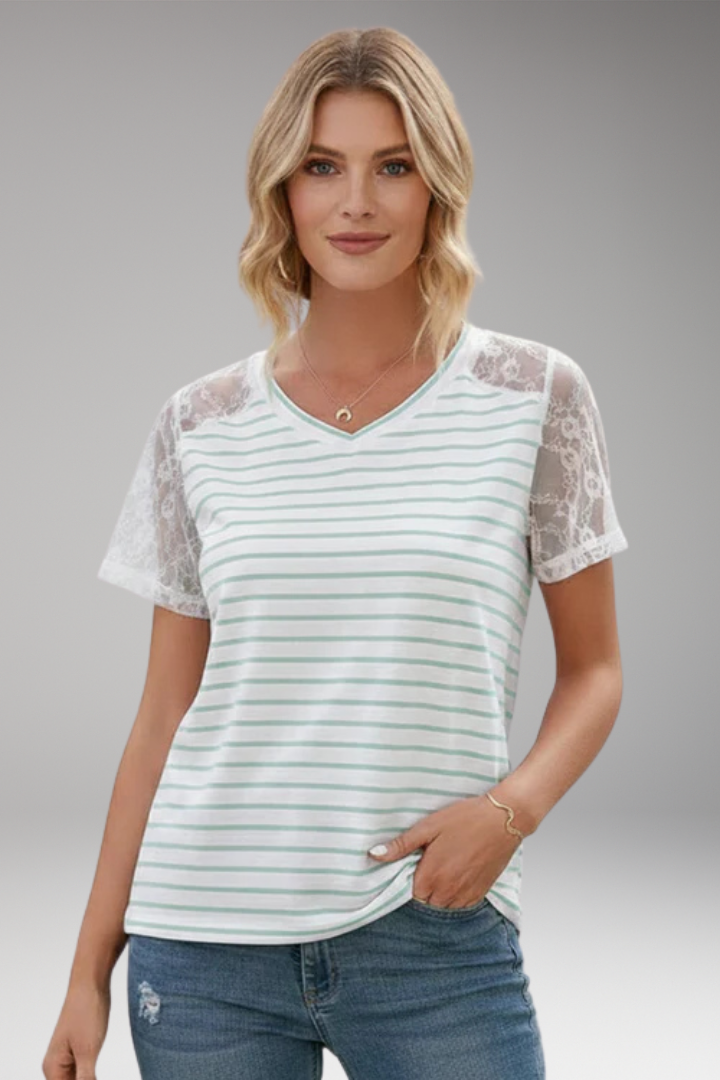 Women's T'Shirt with Lace Sleeves and Stripes