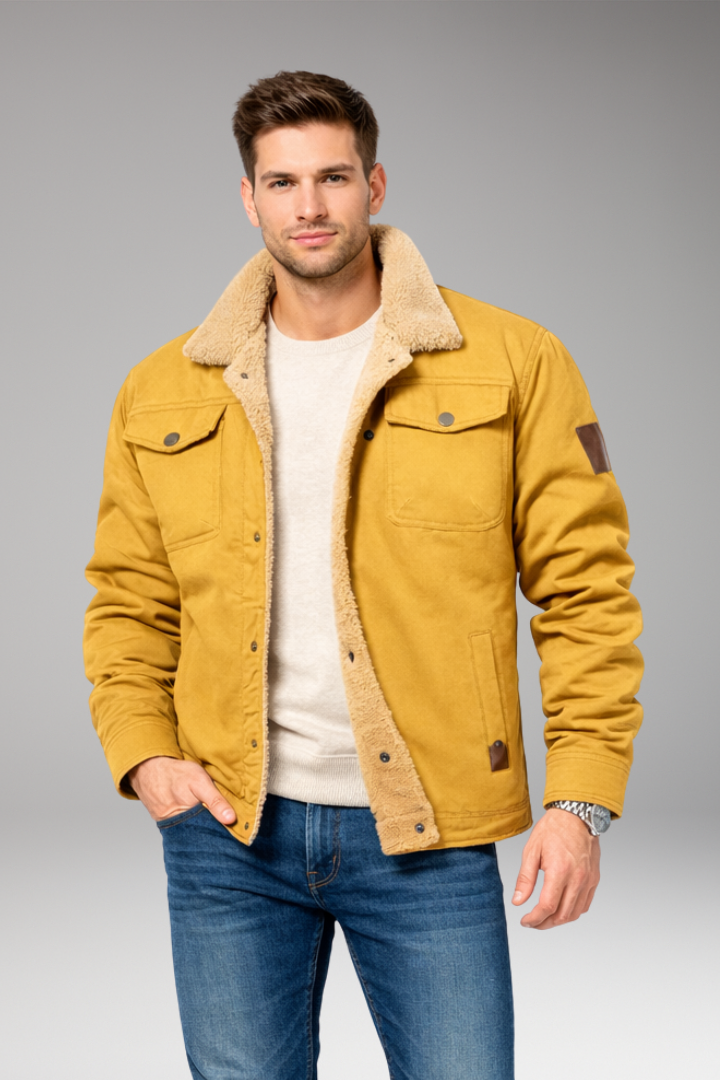 Men's Jacket with Button Closure and Sherpa Lining