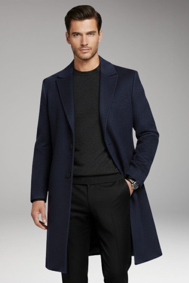 Men's Long Coat with Notched Lapel and Seam Pockets