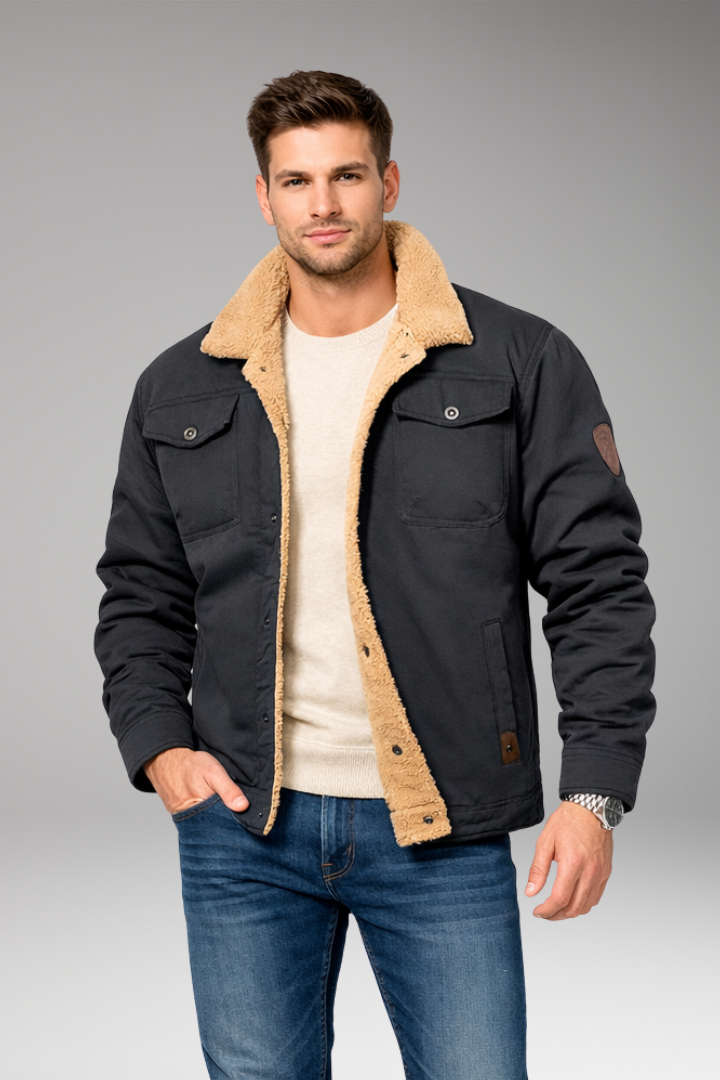 Men's Jacket with Button Closure and Sherpa Lining