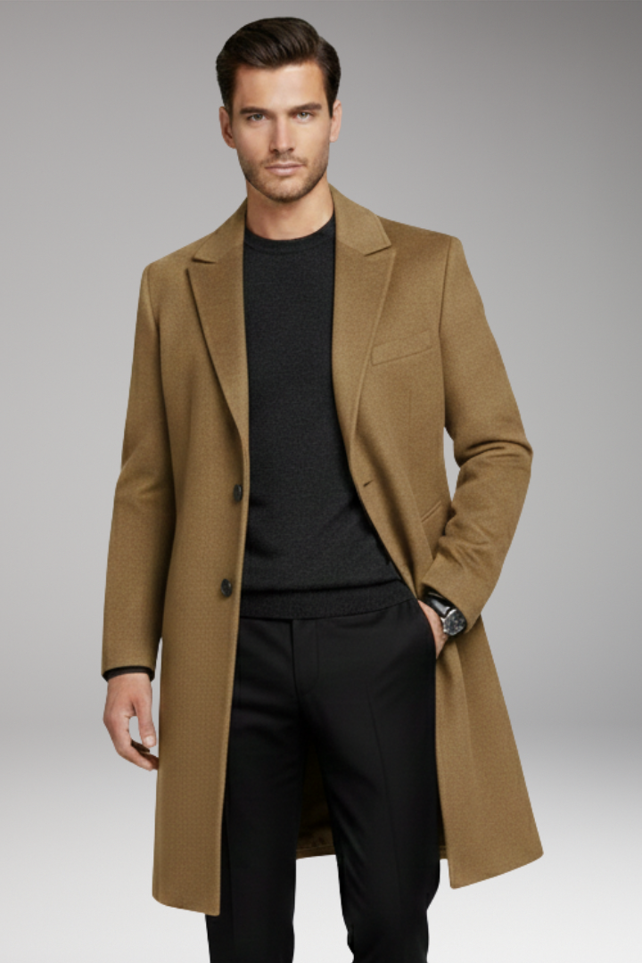 Men's Long Coat with Notched Lapel and Seam Pockets