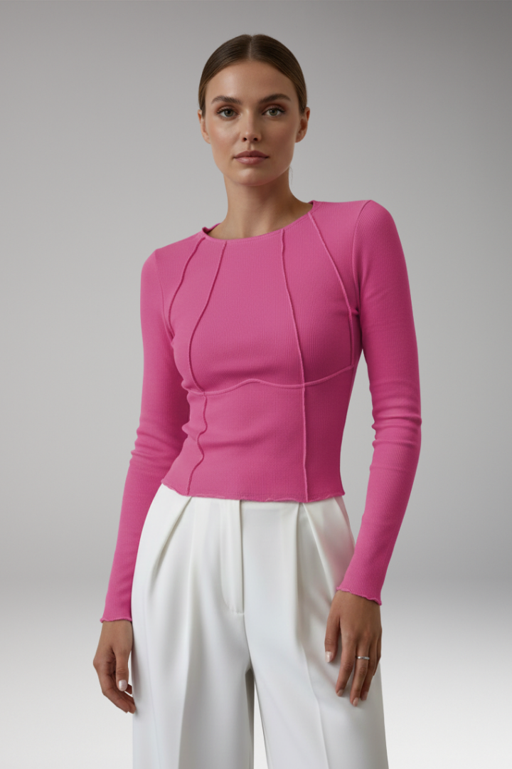 Women's Long Sleeve Top with Ribbed Surface and Piping