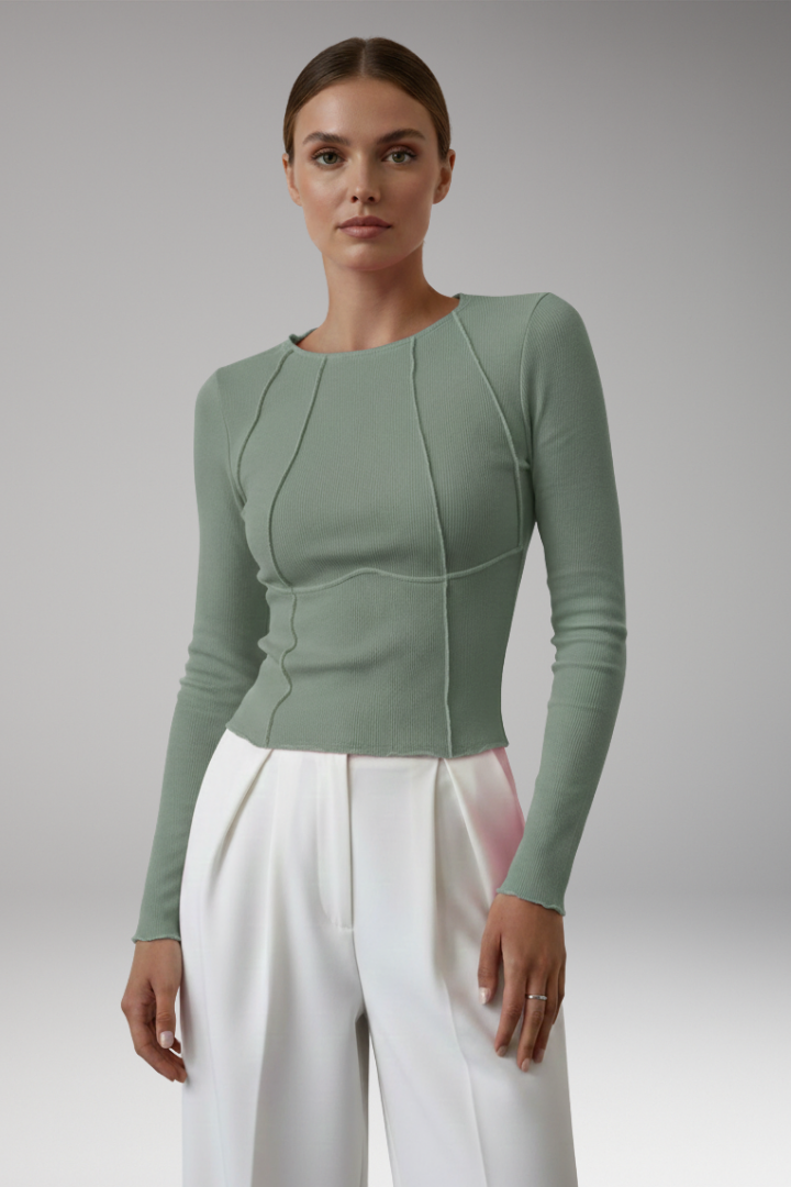 Women's Long Sleeve Top with Ribbed Surface and Piping
