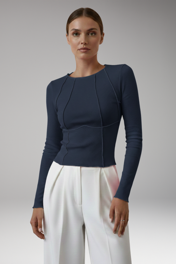 Women's Long Sleeve Top with Ribbed Surface and Piping