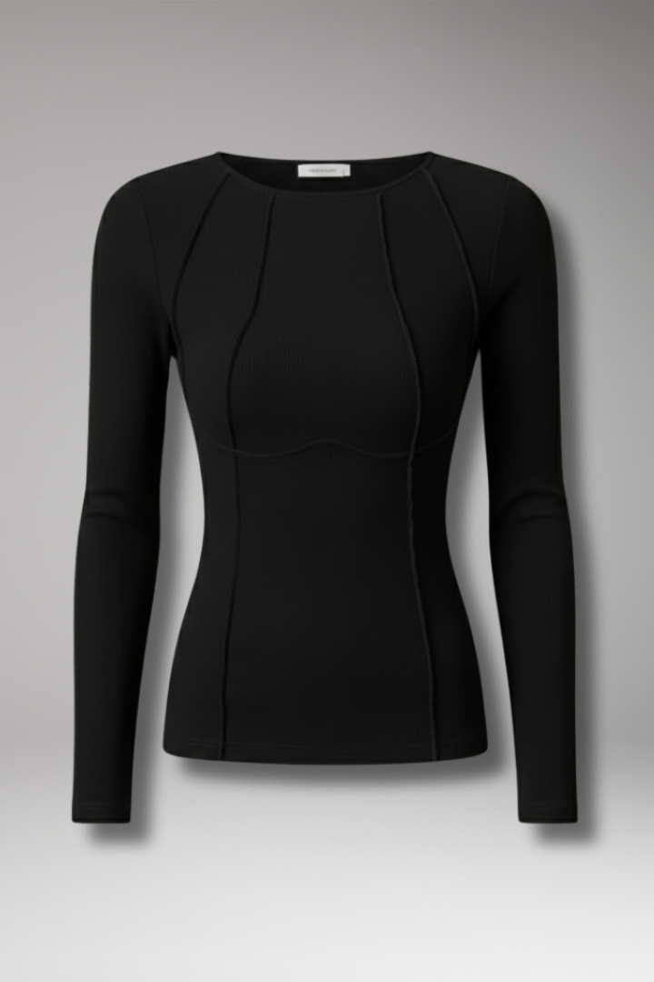 Women's Long Sleeve Top with Ribbed Surface and Piping