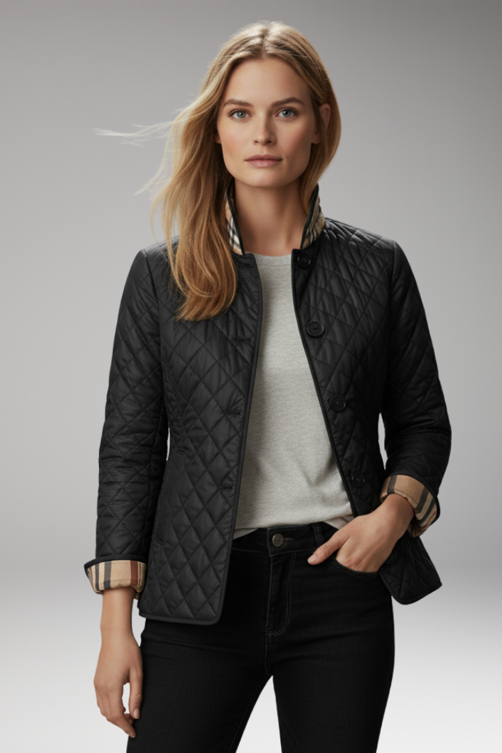 Women’s Quilted Jacket with Stand Collar and Button Closure