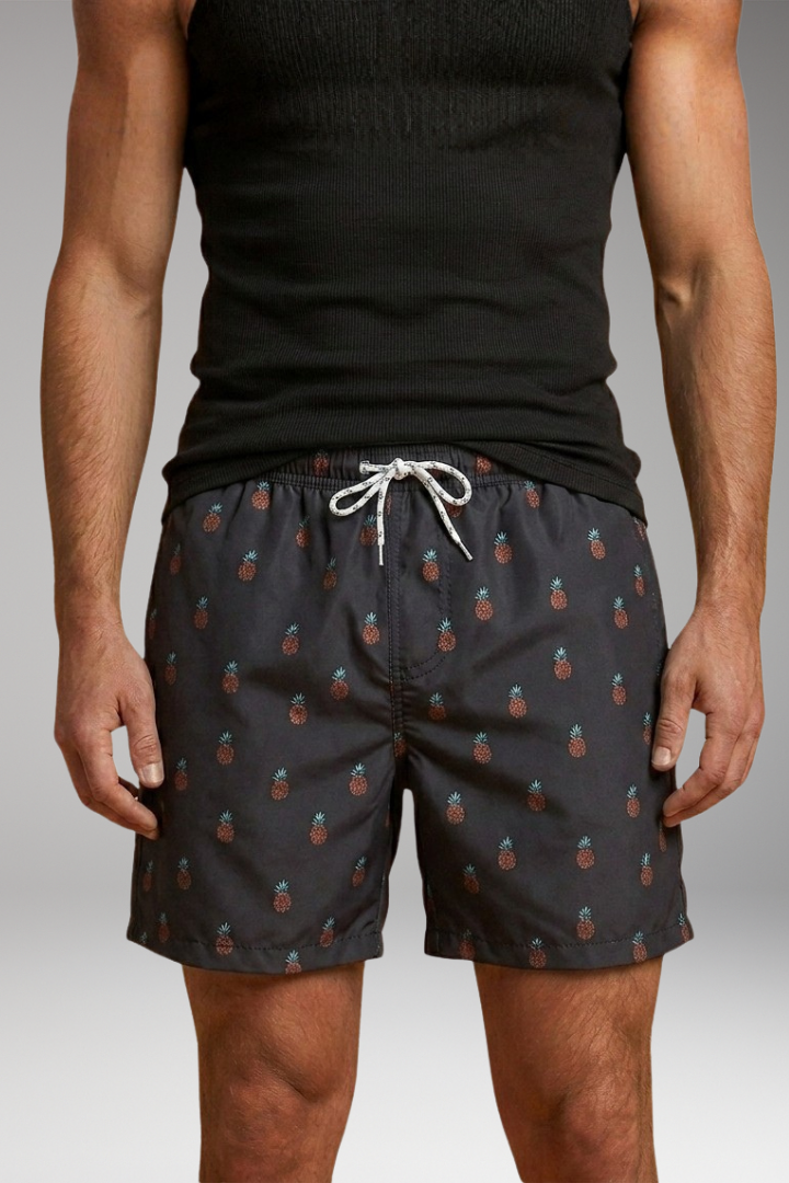 Men's Swim Shorts with Pineapple Print and Drawstring Closure
