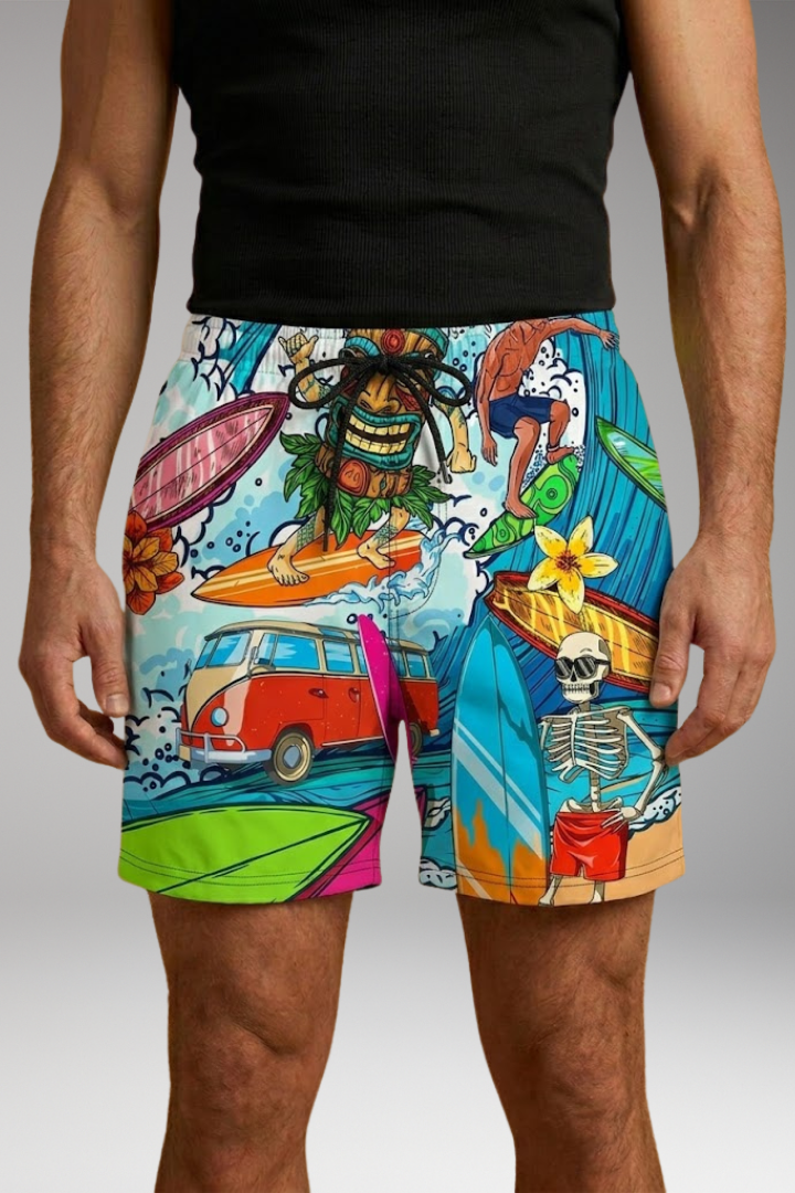Men's Boardshorts with Colorful Printed Design and Drawstring Waistband