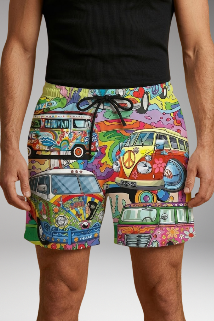 Men's Boardshorts with Colorful Printed Design and Drawstring Waistband