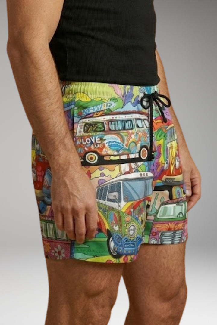 Men's Boardshorts with Colorful Printed Design and Drawstring Waistband