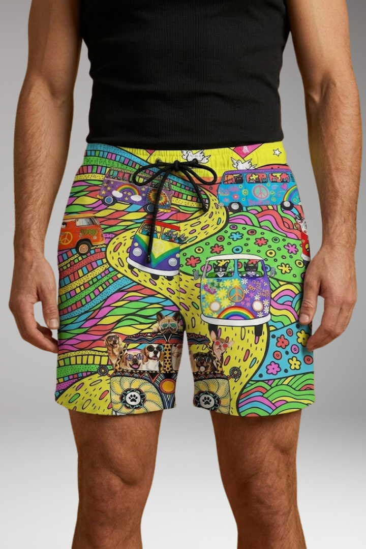 Men's Boardshorts with Colorful Printed Design and Drawstring Waistband