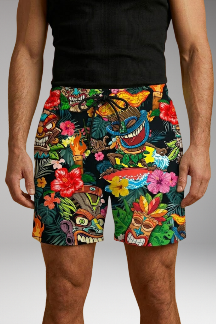 Men's Boardshorts with Colorful Printed Design and Drawstring Waistband