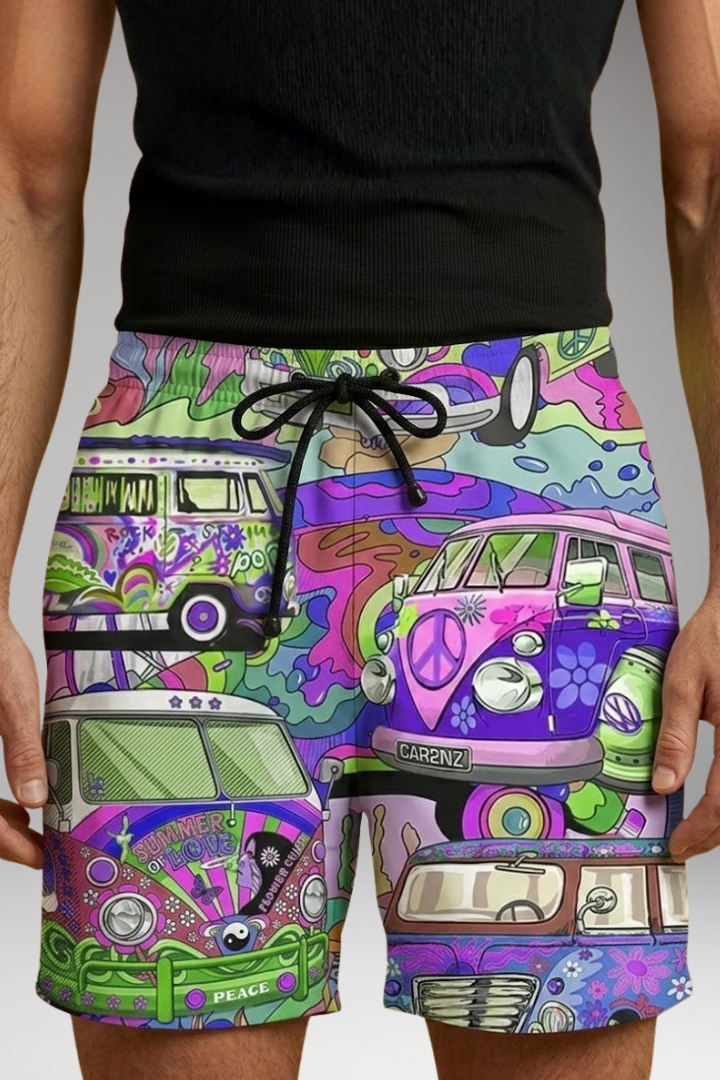 Men's Boardshorts with Colorful Printed Design and Drawstring Waistband