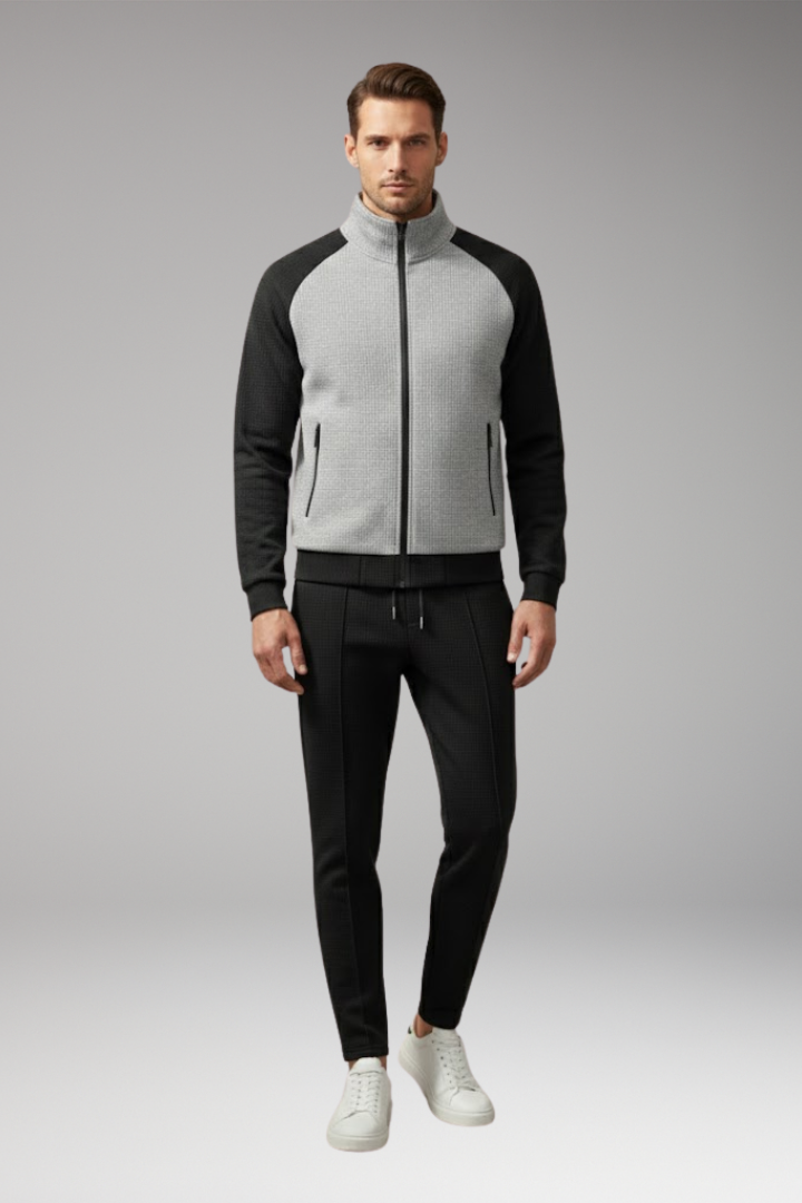 Men's Bomber Jacket Set with Zippered Pockets and Trendy Design