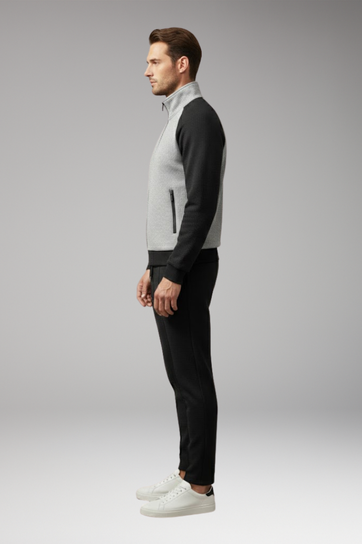Men's Bomber Jacket Set with Zippered Pockets and Trendy Design