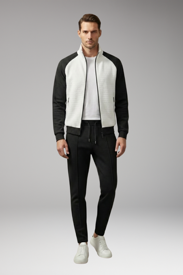Men's Bomber Jacket Set with Zippered Pockets and Trendy Design