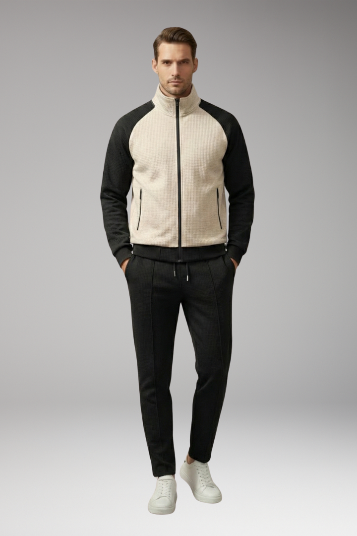Men's Bomber Jacket Set with Zippered Pockets and Trendy Design