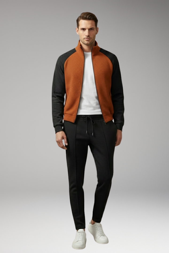 Men's Bomber Jacket Set with Zippered Pockets and Trendy Design