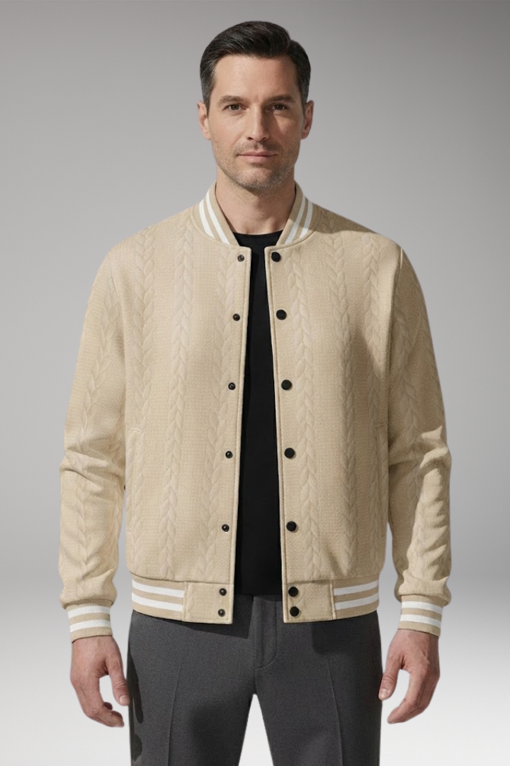 Men's Bomber Jacket with Button Placket and Elastic Cuffs