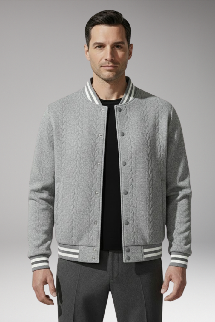 Men's Bomber Jacket with Button Placket and Elastic Cuffs
