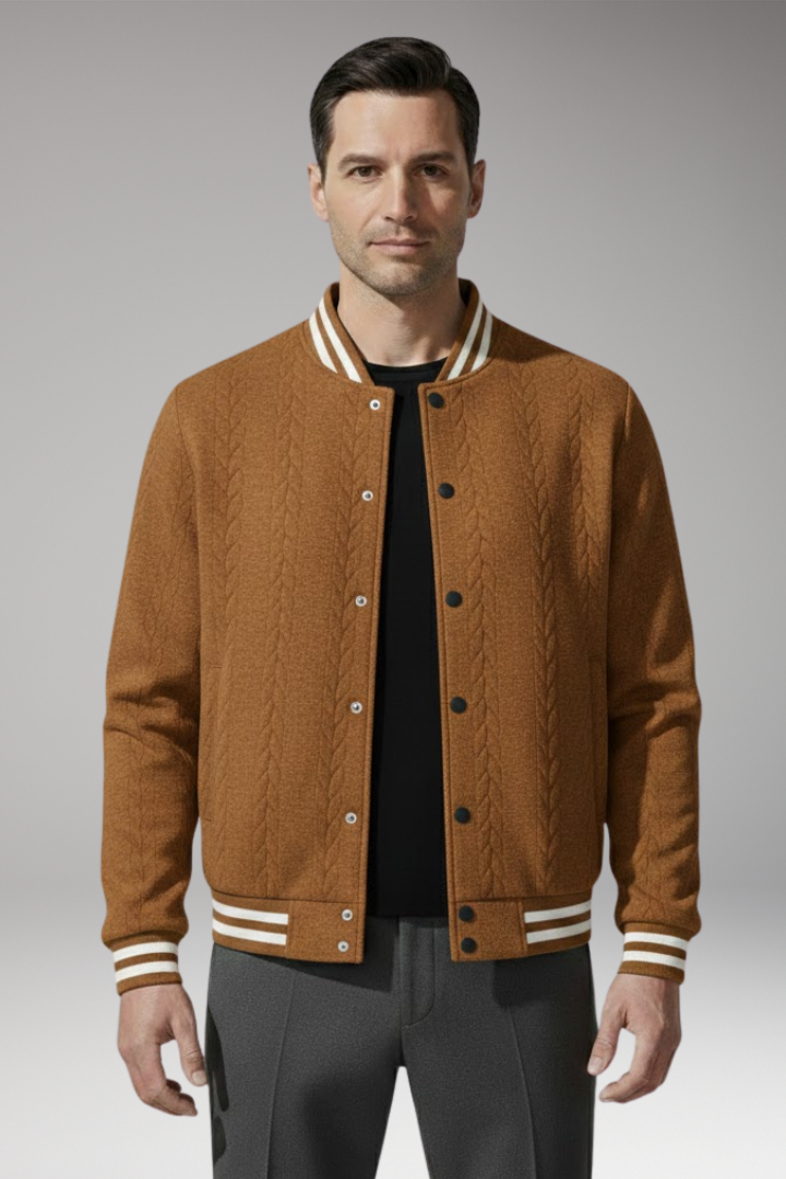 Men's Bomber Jacket with Button Placket and Elastic Cuffs