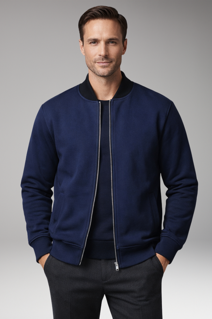 Men's Bomber Jacket with Concealed Zipper and Elastic Cuffs