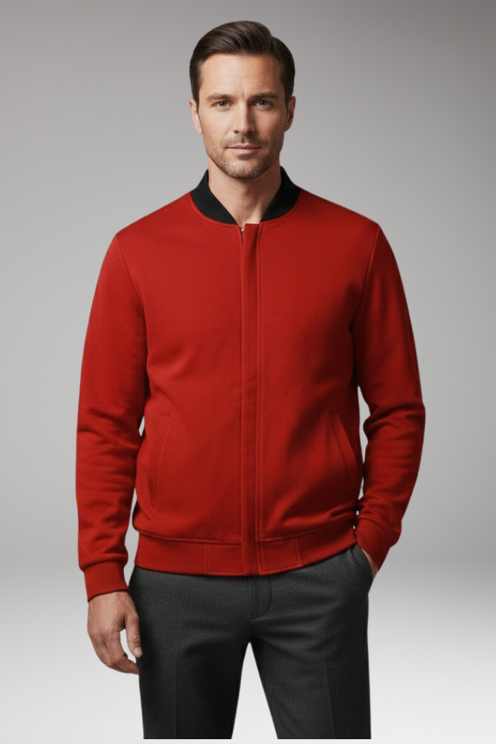 Men's Bomber Jacket with Concealed Zipper and Elastic Cuffs