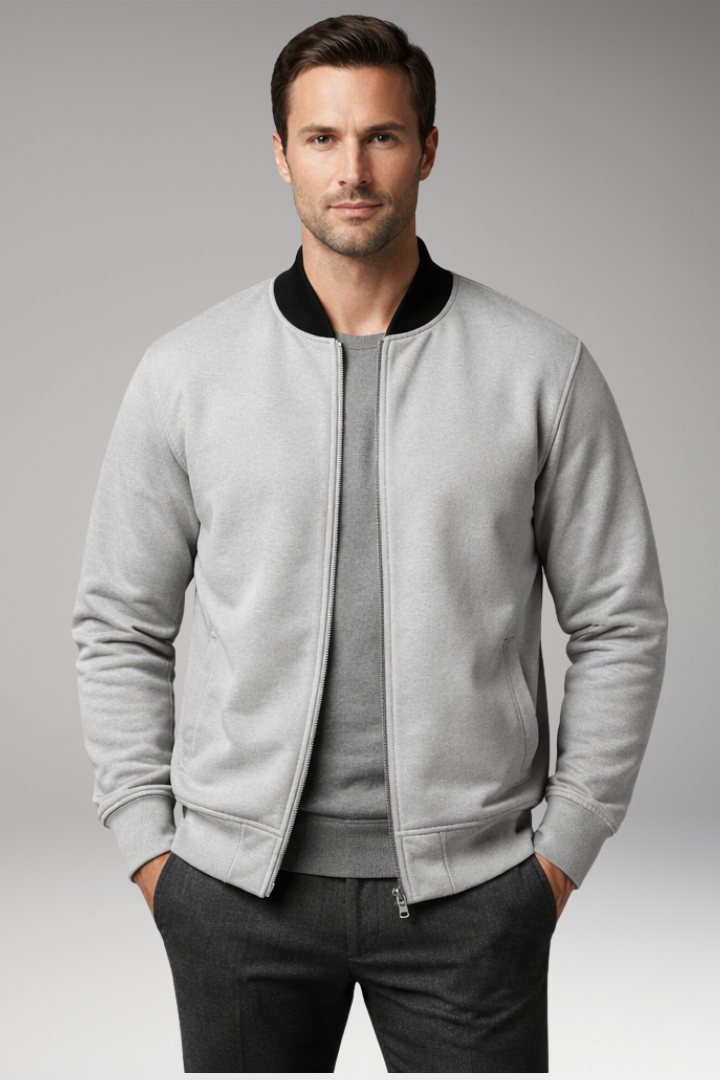 Men's Bomber Jacket with Concealed Zipper and Elastic Cuffs