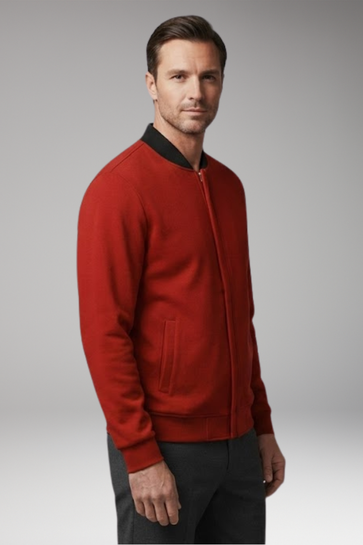 Men's Bomber Jacket with Concealed Zipper and Elastic Cuffs