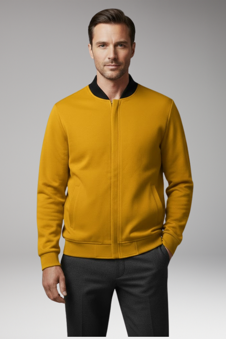 Men's Bomber Jacket with Concealed Zipper and Elastic Cuffs