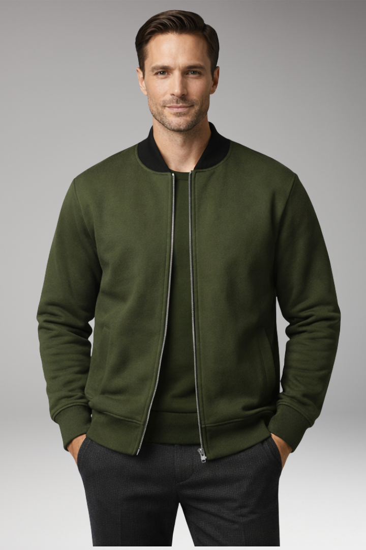 Men's Bomber Jacket with Concealed Zipper and Elastic Cuffs
