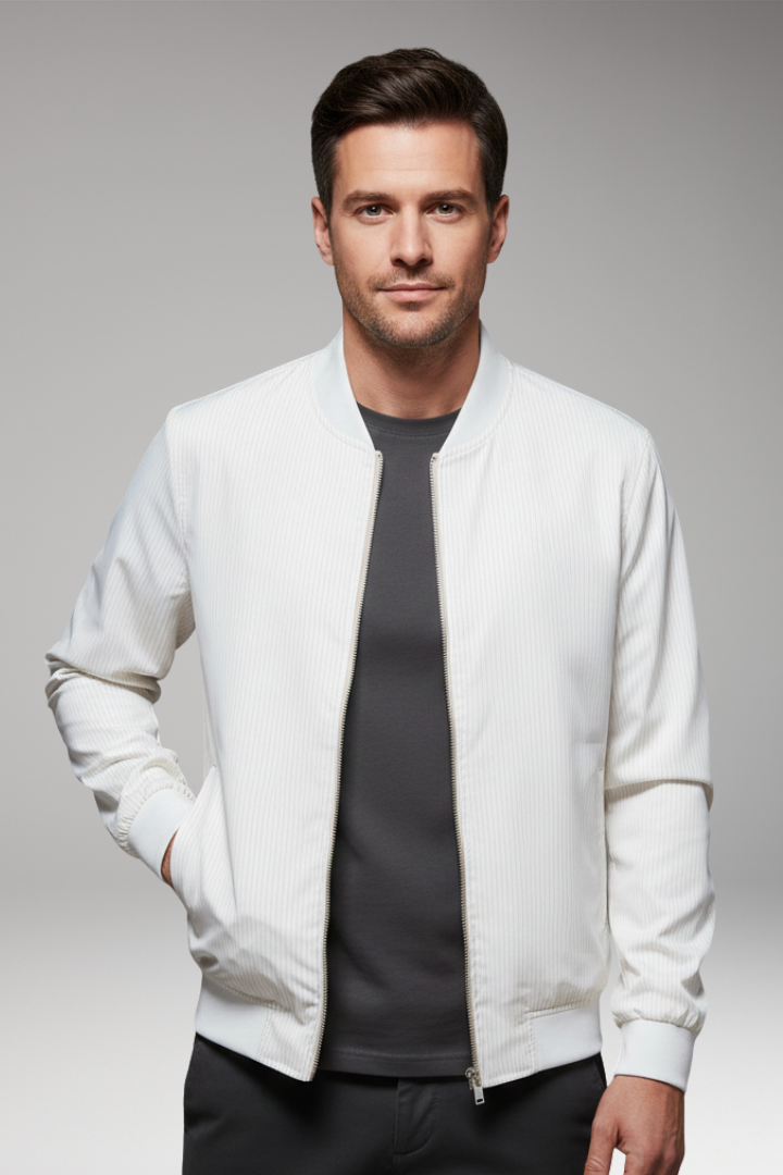 Men's Bomber Jacket with Fine Stripe Pattern and Elastic Cuffs