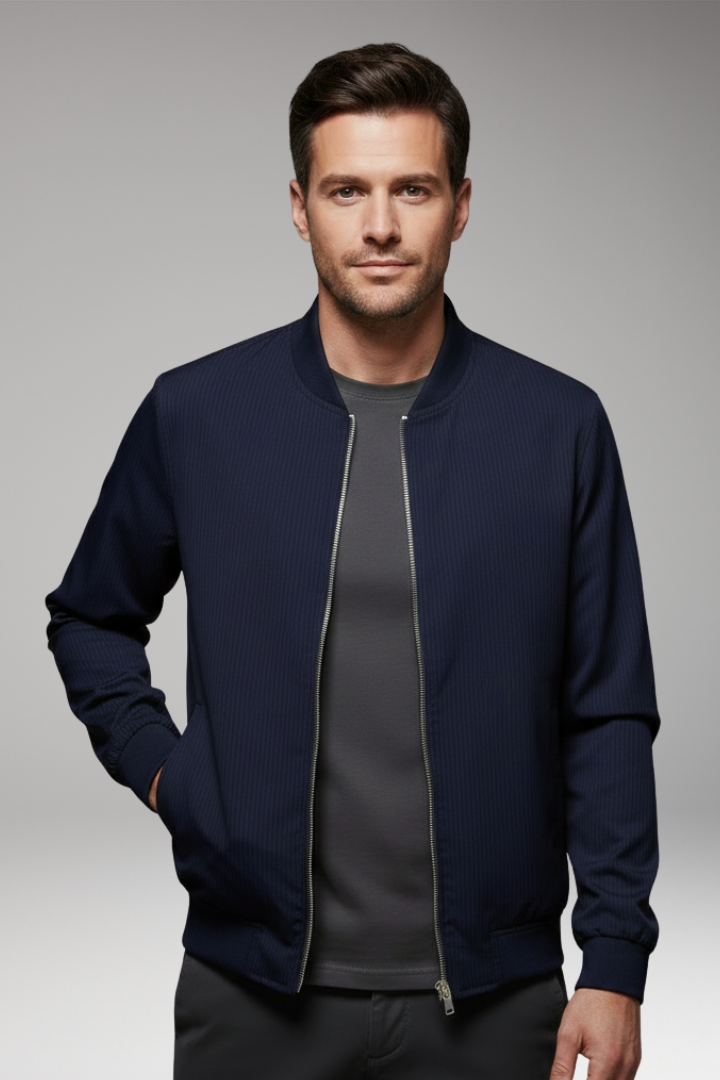 Men's Bomber Jacket with Fine Stripe Pattern and Elastic Cuffs