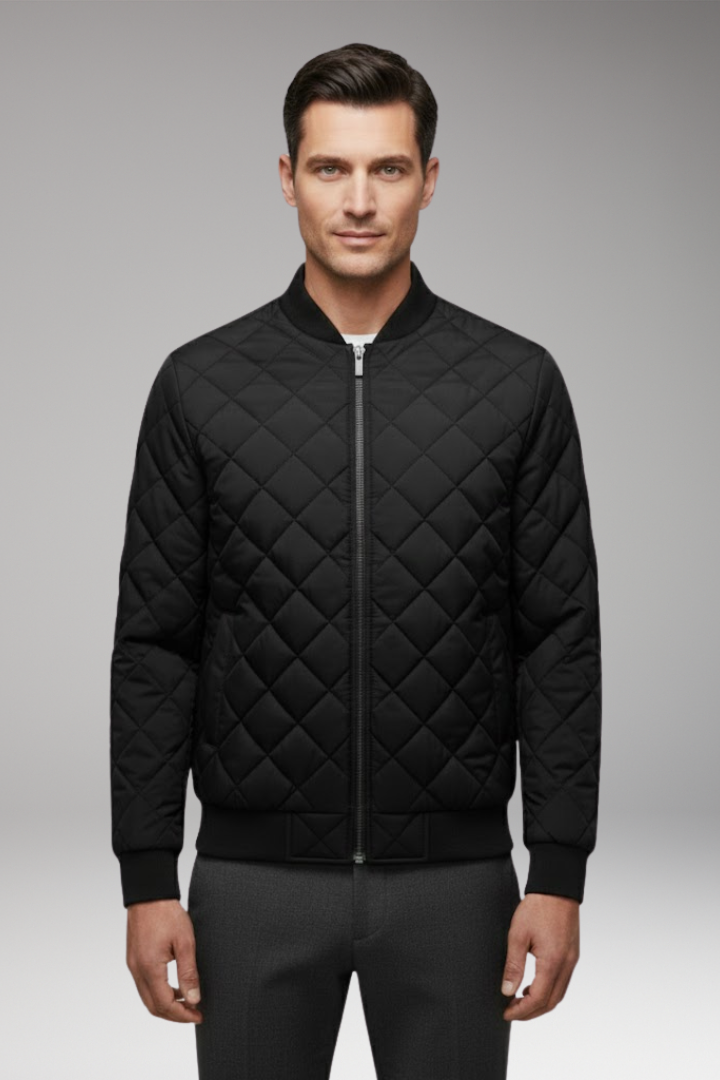 Men's Bomber Jacket with Front Closure and Diamond Pattern