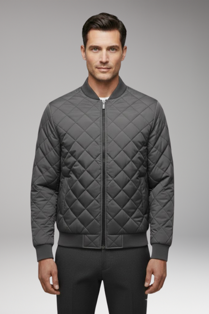 Men's Bomber Jacket with Front Closure and Diamond Pattern