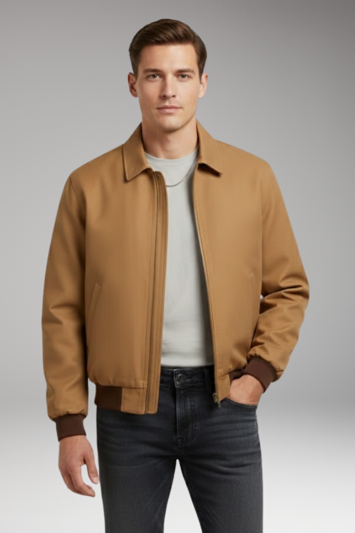 Men's Bomber Jacket with Front Zipper and Ribbed Cuffs