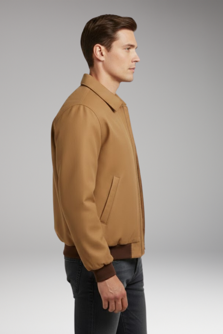 Men's Bomber Jacket with Front Zipper and Ribbed Cuffs