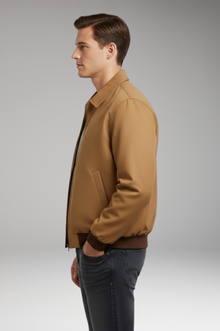 Men's Bomber Jacket with Front Zipper and Ribbed Cuffs