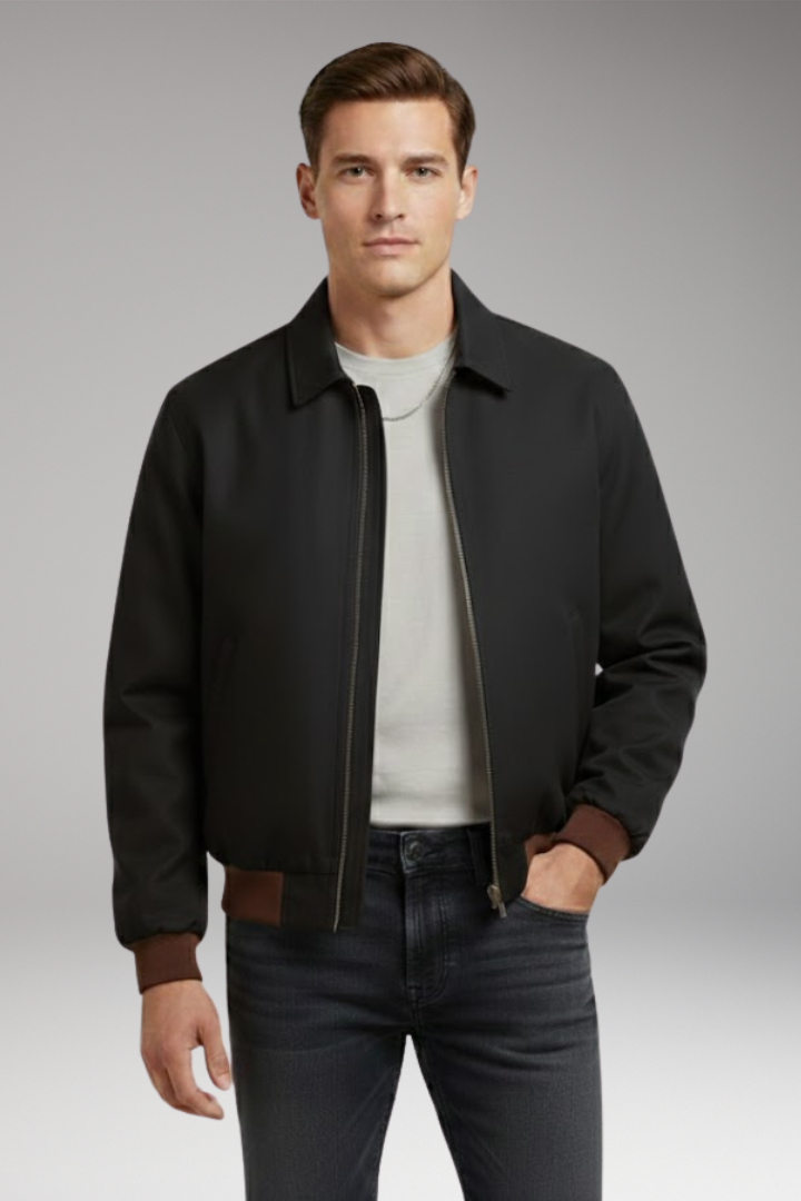 Men's Bomber Jacket with Front Zipper and Ribbed Cuffs