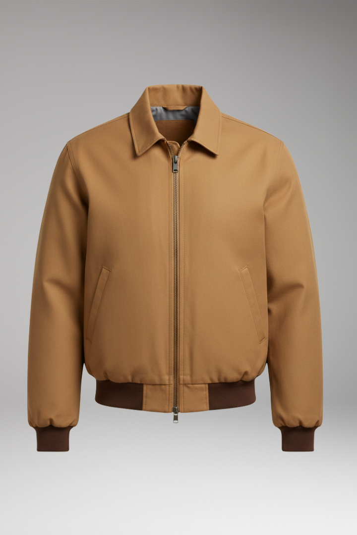 Men's Bomber Jacket with Front Zipper and Ribbed Cuffs