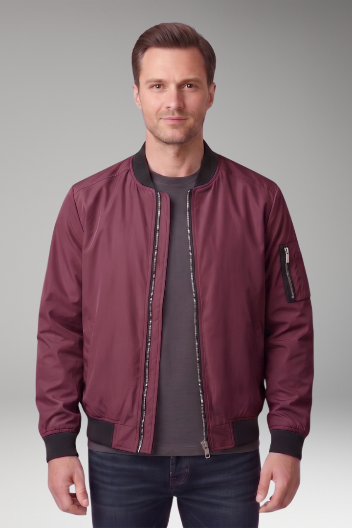 Men's Bomber Jacket with Front Zipper and Ribbed Details