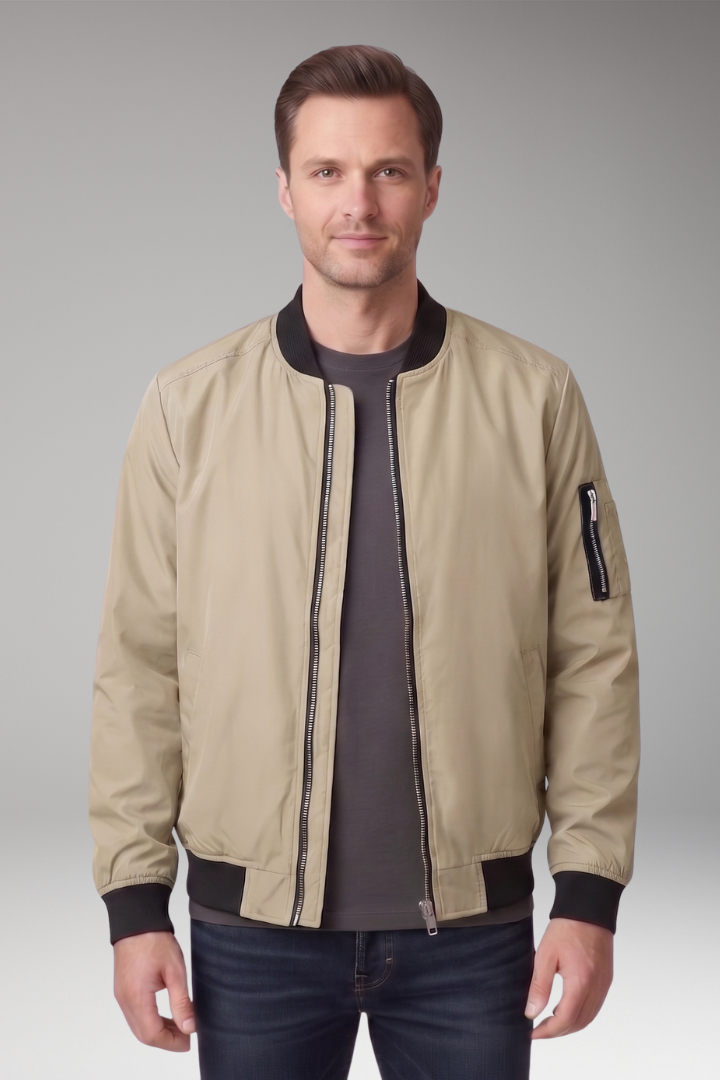Men's Bomber Jacket with Front Zipper and Ribbed Details